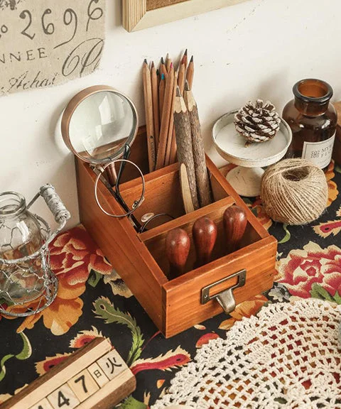 Vintage 3 Compartment Wood Storage Box-Himinee.com