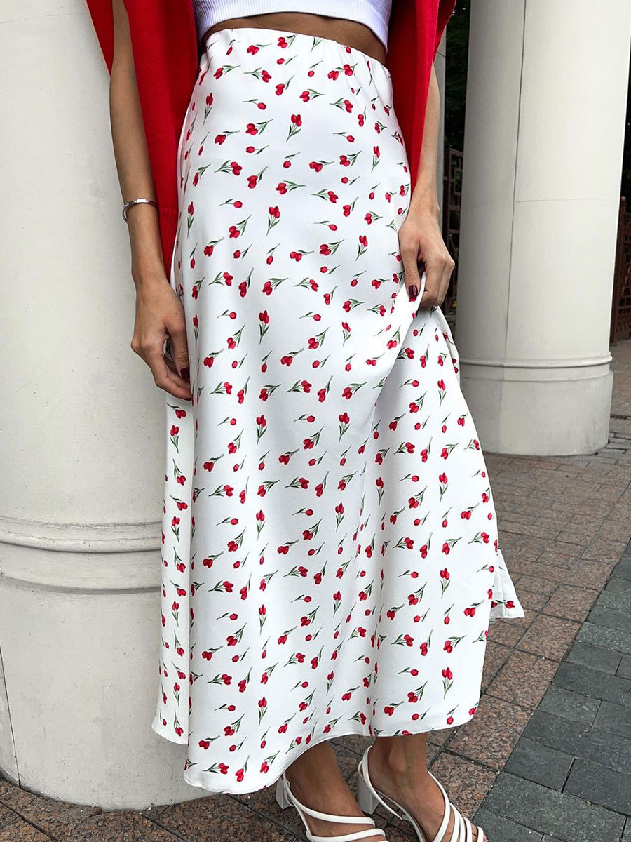 Ootddress Cherry Printed Skirt Women 2025 Spring High Waist A-shaped Fish Tail Skirts Elegant Fashion Patchwork Loose Long Skirt New