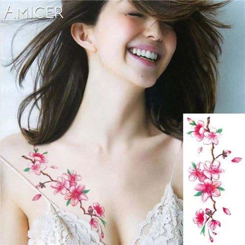 3D lifelike Cherry blossoms rose big flowers Waterproof Temporary tattoos women flash tattoo arm shoulder tattoo stickers