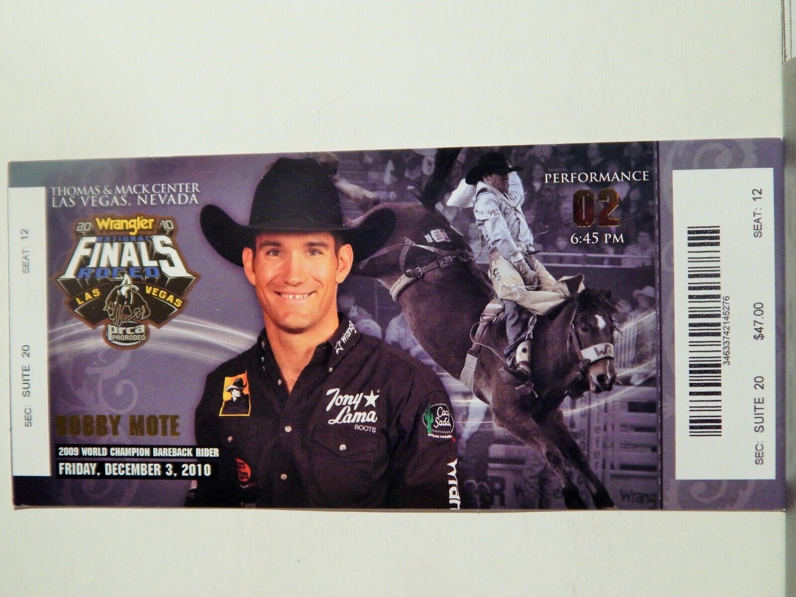 2010 NATIONAL FINALS RODEO LG ORIGINAL USED TICKET BOBBY MOTE COLOR Photo Poster painting