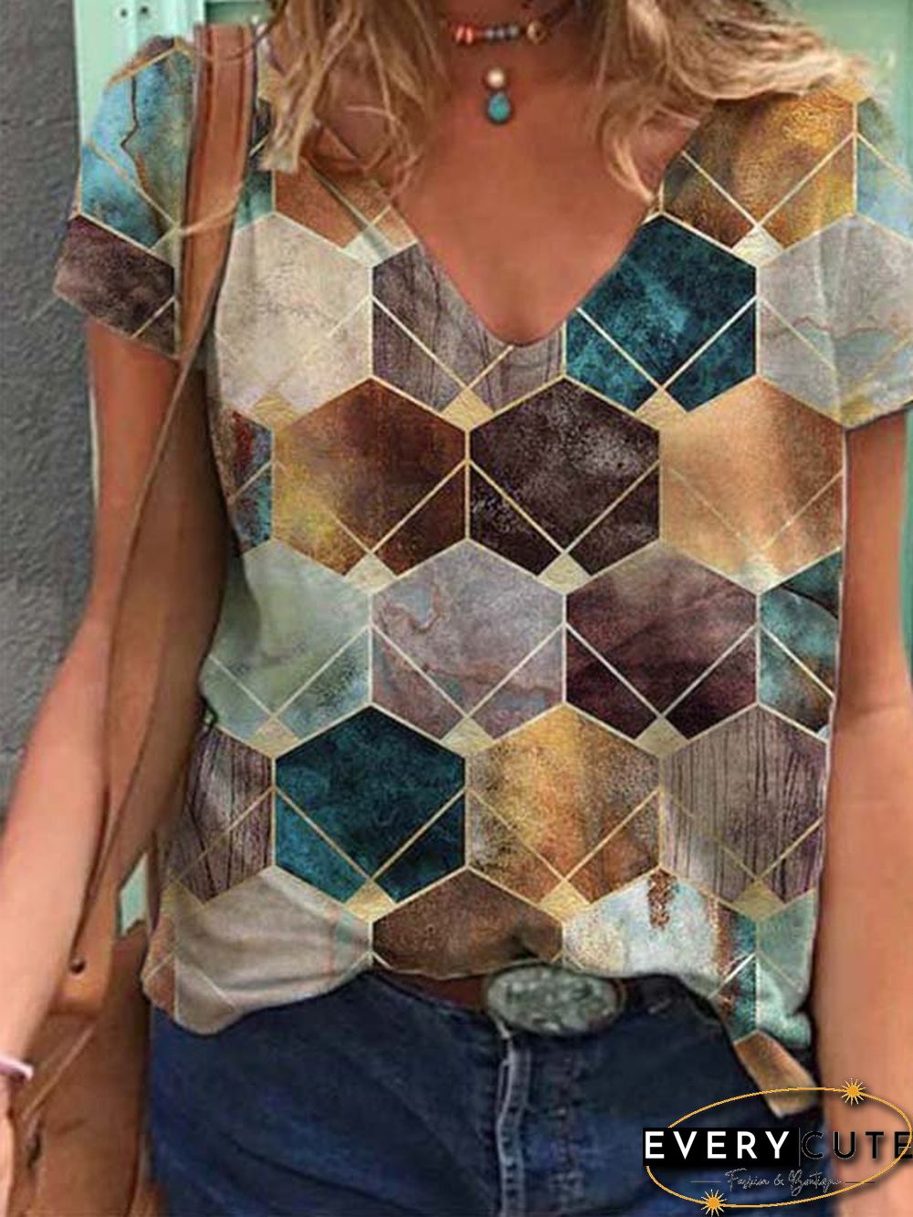Short Sleeve Casual Cotton-Blend Printed T-shirt