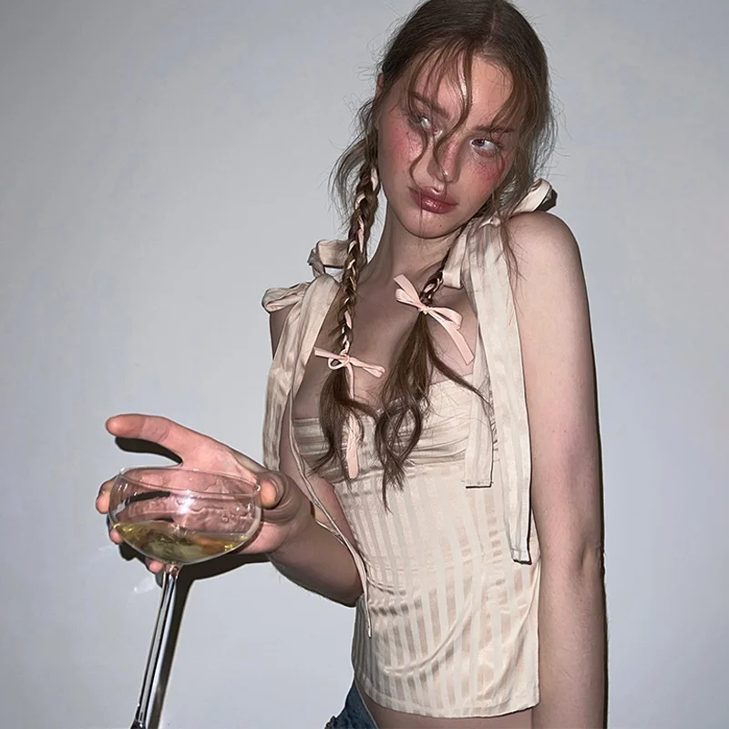 Toloer Toloer Women's Pure Desire Wind Stripe Slim Low Breast Sling Summer Hot Style Ins Trend Wear Sexy Vest Woman-Outfit Ideas