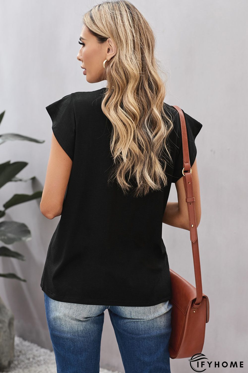 Black V Neck Buttoned Lace Trim Short Sleeve Tee | IFYHOME
