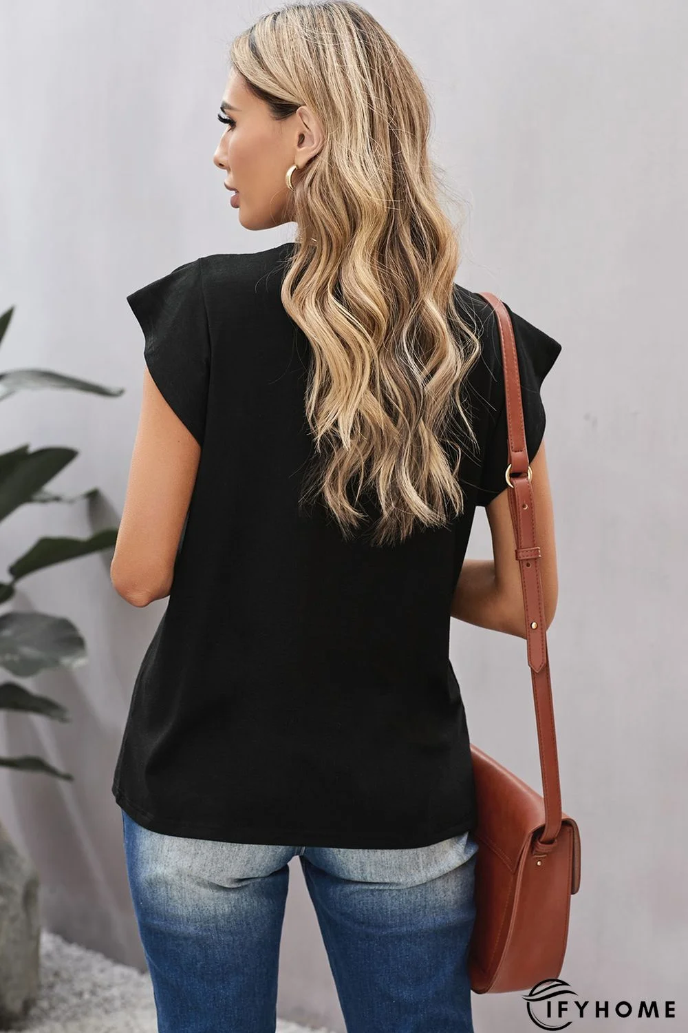 Black V Neck Buttoned Lace Trim Short Sleeve Tee | IFYHOME