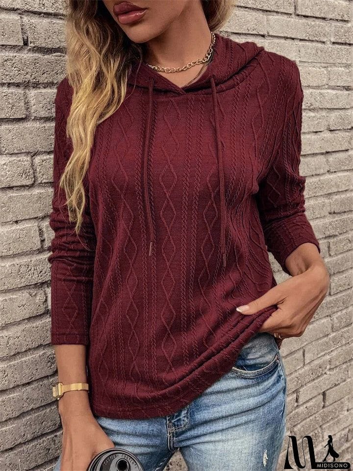 MidiSono - Female Solid Color Knitted Threaded Bar Drawstring Hoodies