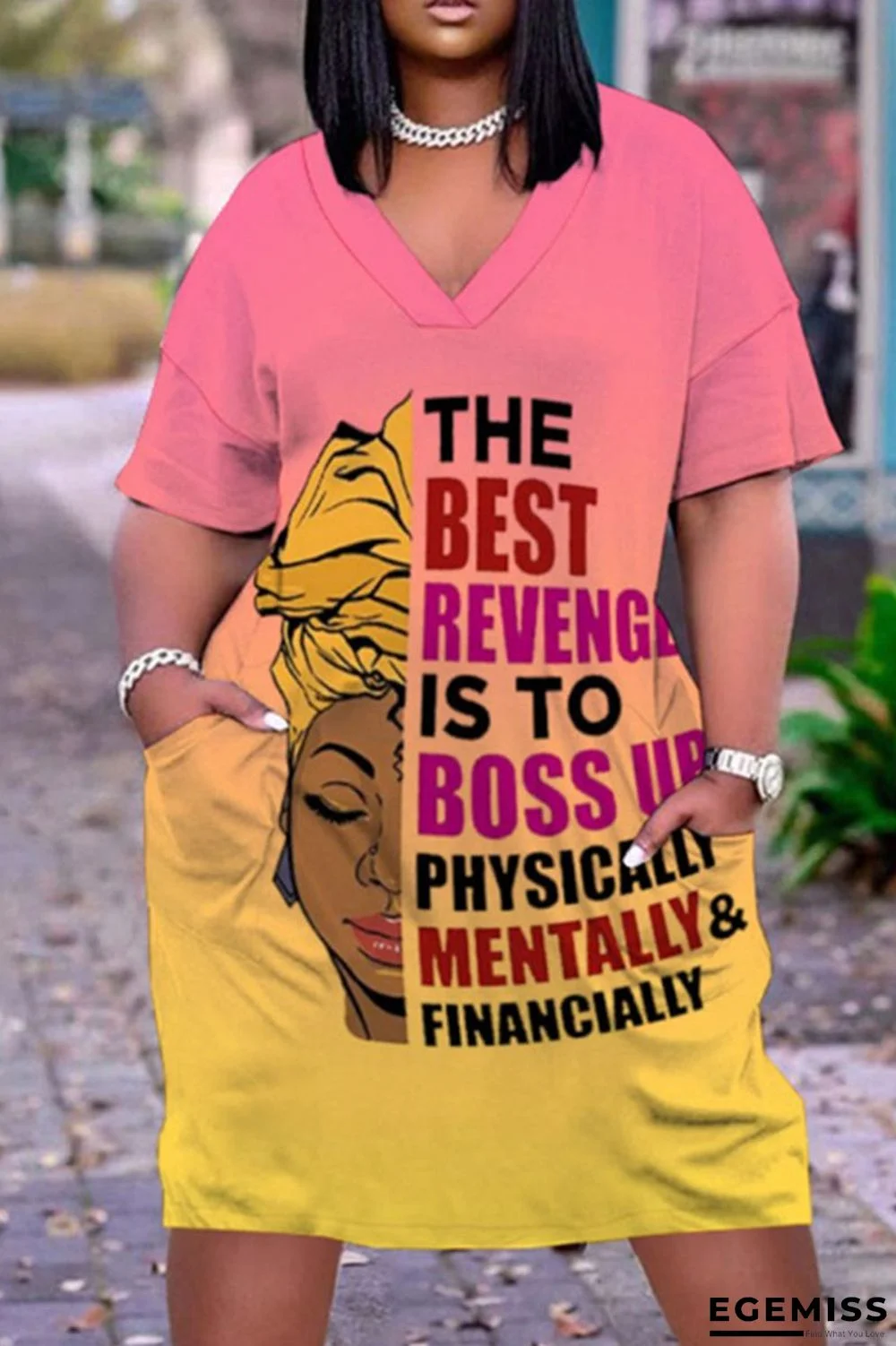 Pink Casual Print Patchwork V Neck Straight Dresses | EGEMISS