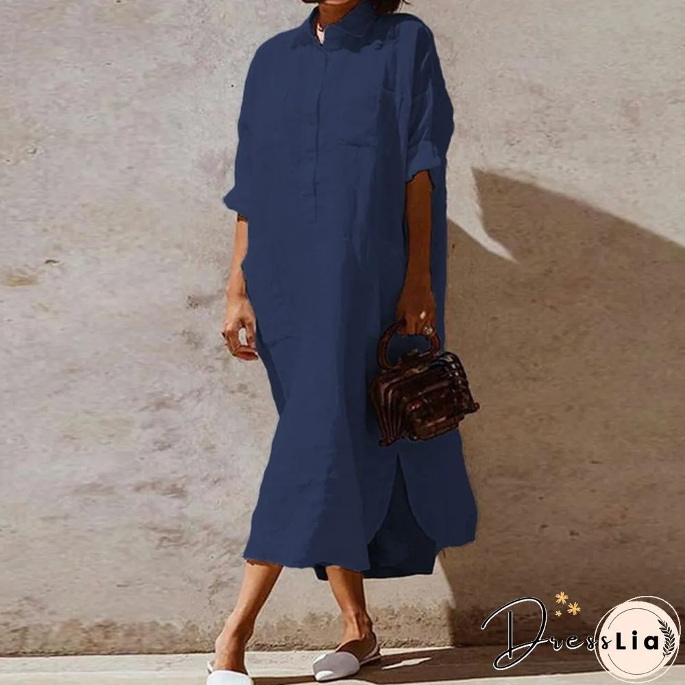 Spring Summer Fashion Women Solid Color Cotton Linen Button Shirt Dress Long Plus Size