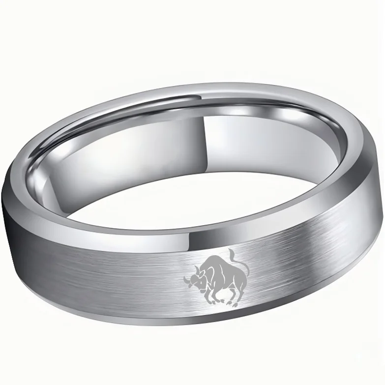 Mens Womens Sliver Taurus Tungsten Carbide Rings Sliver Edges and Laser Etched Wedding Bands Comfort Fit 4MM 6MM 8MM
