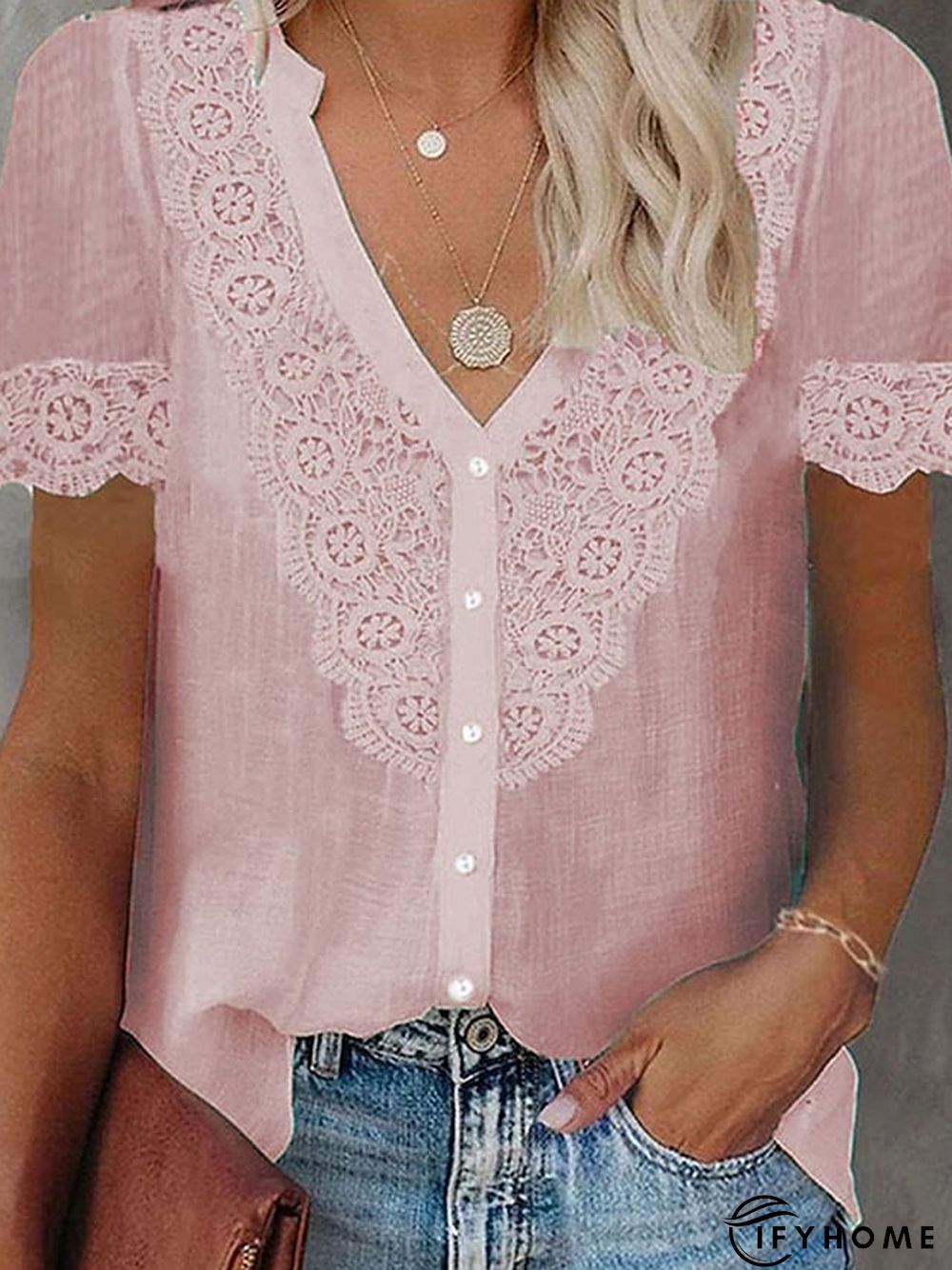 Womens Shirt Blouse Black White Pink Plain Lace Patchwork Short Sleeve Daily Weekend | IFYHOME