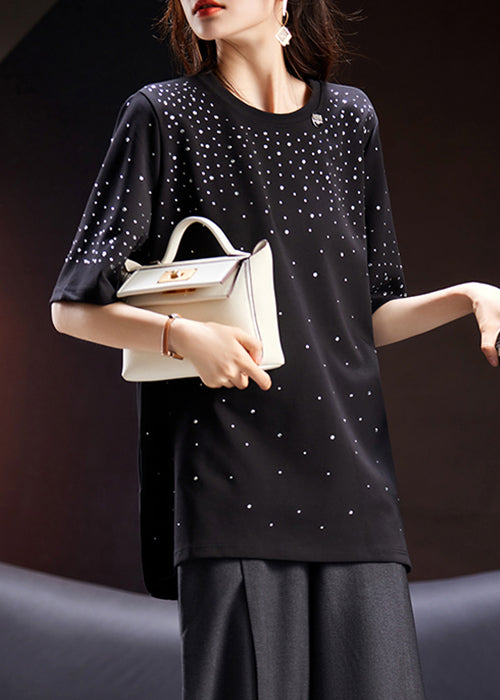 VCSHOES Loose Black O Neck Zircon Cotton T Shirt Short Sleeve