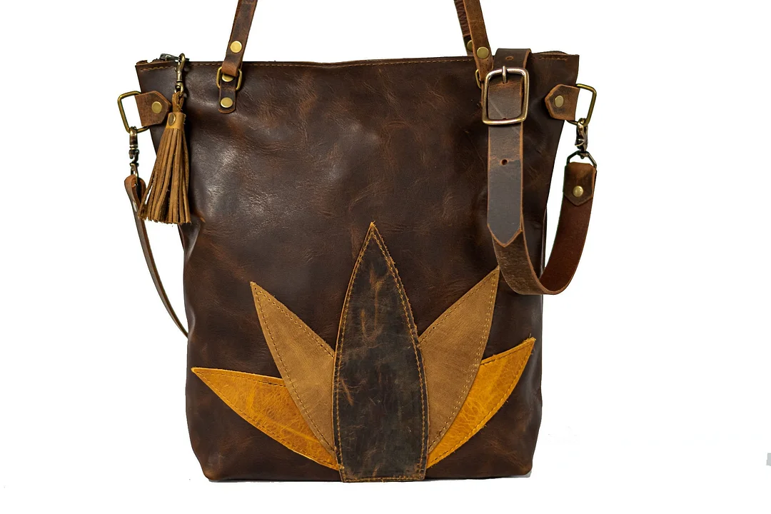 Classic Leather Botanical Tote Bag | Handmade Leather Purse | Large Leather Handbag | The Tall Tote Botanical