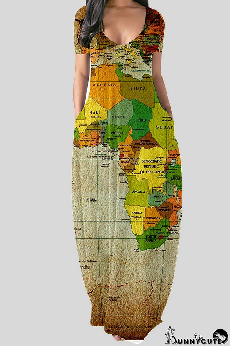 Grass Green Casual Print Patchwork V Neck Straight Dresses