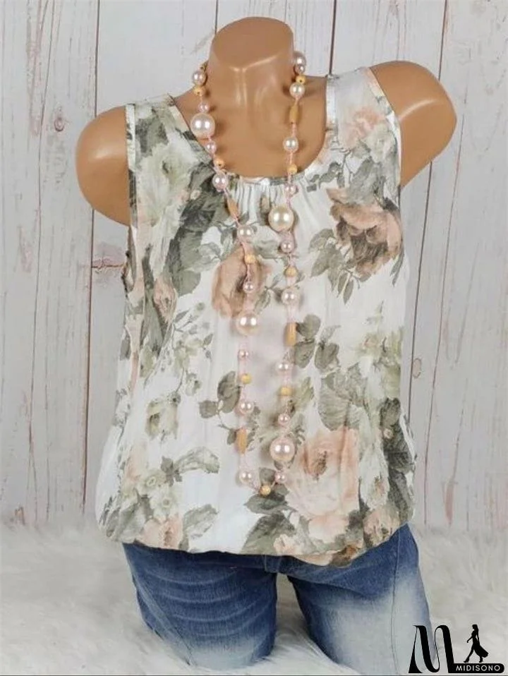 MidiSono - Women Round Collar Printed Sleeveless Top