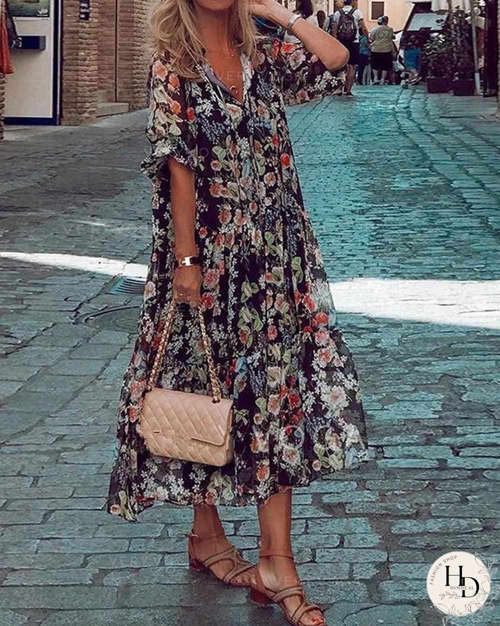 Floral Half Sleeve A-line Casual Vacation Midi Dresses
