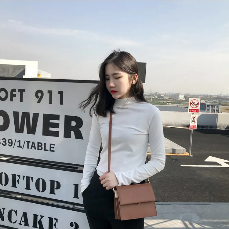 Uveng Uveng Spring 2024 Half Turtleneck Jacket Bottom Shirt Women's Letters Embroidered Slim Students Solid Color And Velvet Long Sleeve T-Shirt Women