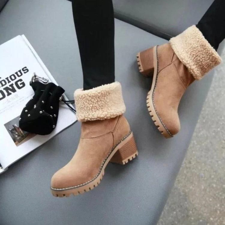 Winter Womens Black Beige Plush Lining Shoes Ankle Boots Med Heel Chunky Heels Shoes Warm Boot Metal Decoration Boots for Women