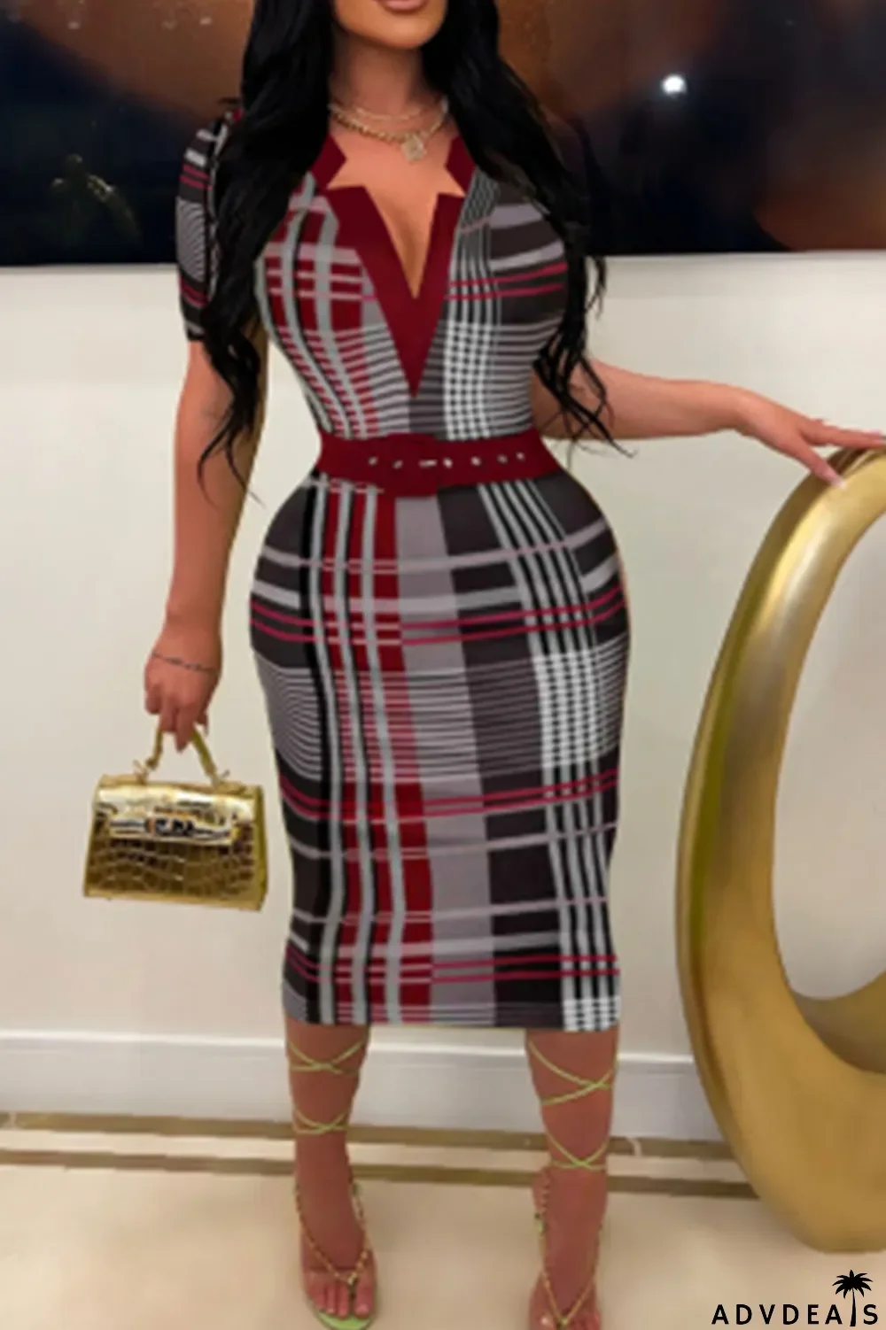 Burgundy Casual Print Patchwork V Neck Pencil Skirt Dresses