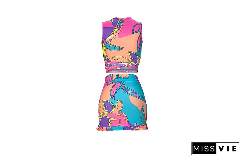 Women Streetwear Fashion Summer Print Bandage Crop Top Mini Skirt Party Clubwear Two Piece Set