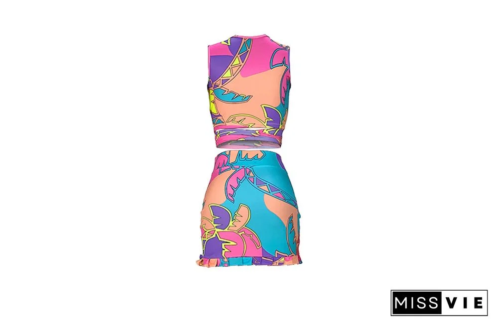 Women Streetwear Fashion Summer Print Bandage Crop Top Mini Skirt Party Clubwear Two Piece Set