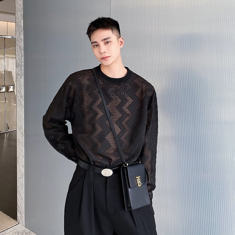 Dawfashion-Tulle Dark Pattern Round Neck Long-sleeved Personality Translucent Concave Shape Pullover Shirts-Yamamoto Diablo Clothing