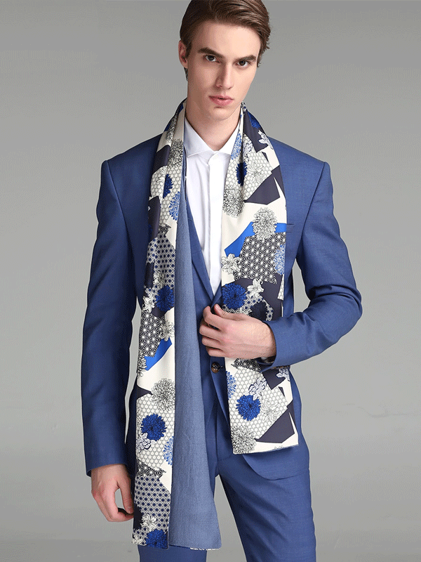 Echarpe en soie avec laine imprimé floral bleu 1033161091 homme 30*180- SOIE PLUS