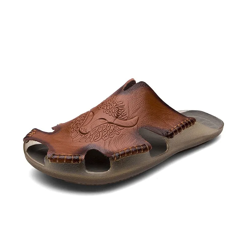 Summer Genuine Leather Men's Sandals Classic Breathable Slip-On Sandals Men Casual Beach Shoes Outdoor Slippers Plus Size 38-48