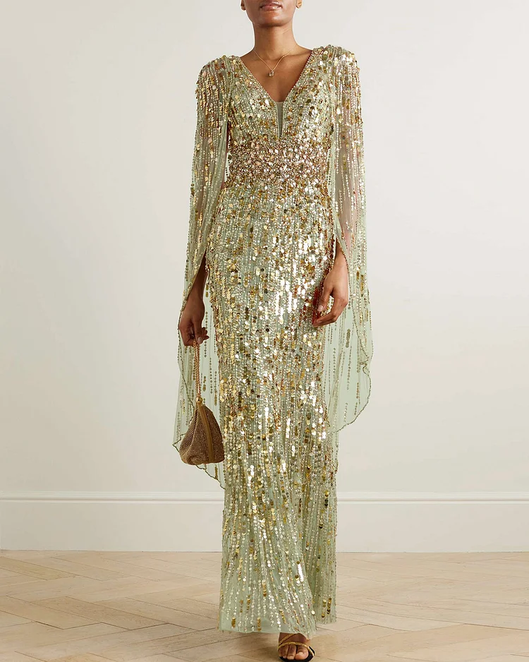 cape-effect embellished sequined tulle gown