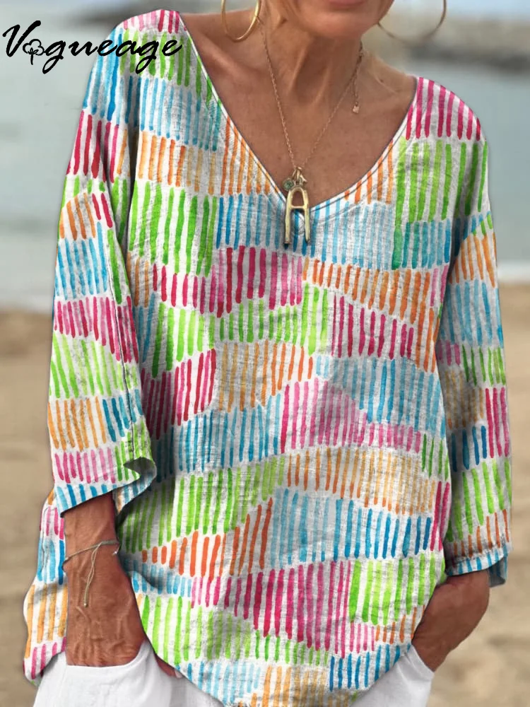 Casual Irregular Color Stripes 3/4 Sleeves Printed Cotton And Linen Shirt