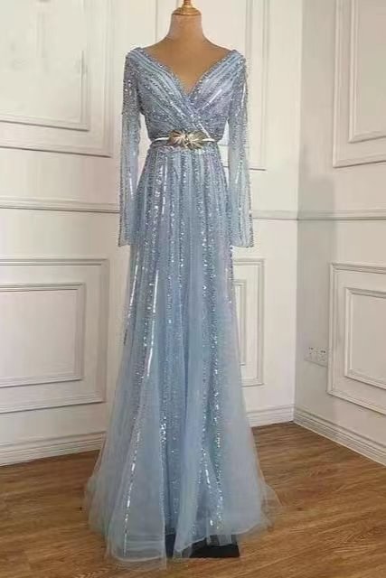 Elegant lange Ärmel Tiefe V-Ausschnitt Pailletten Abendkleid mit Perlen aus Tülle ED0372 Lunass