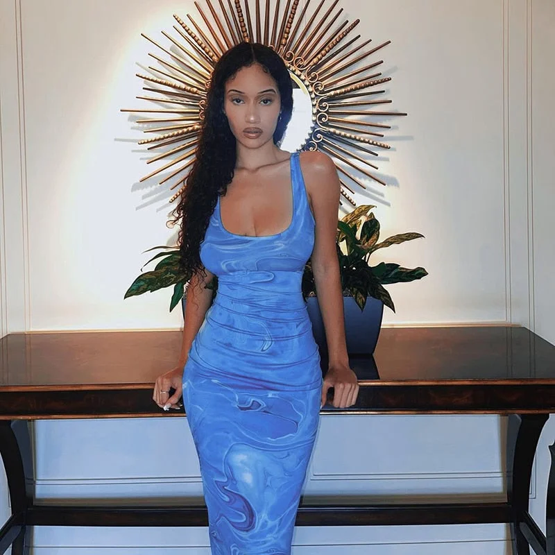 Hawthaw Women Summer Sleeveless Bodycon Slim Printed Fashion Pencil Long Dress Sundress 2021 Female Clothing Streetwear