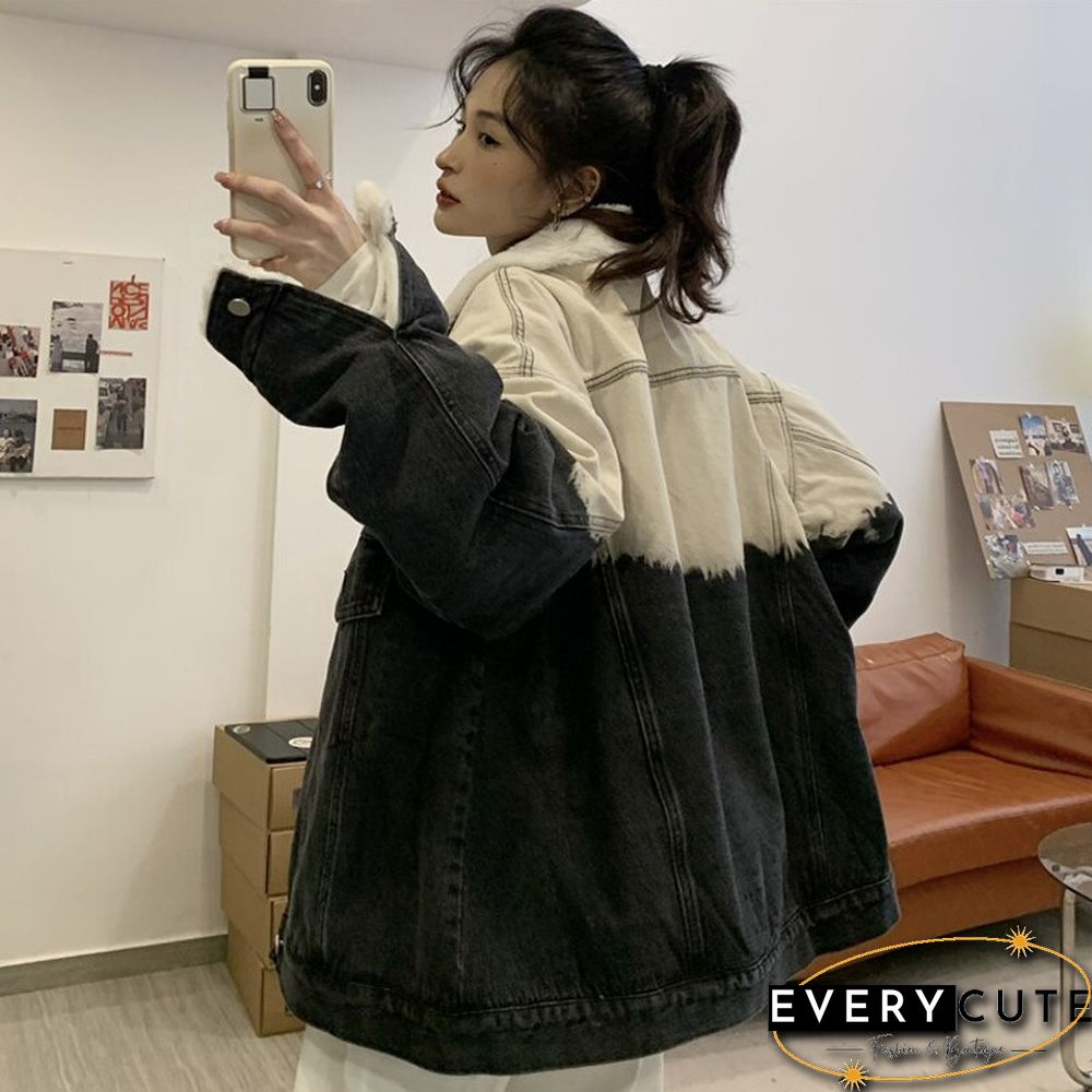 Gradient Thicken Denim Jacket Women Loose Casual Warm Jean Coats Korean Fashion Street Wear Fur Collar Lady Outwear New