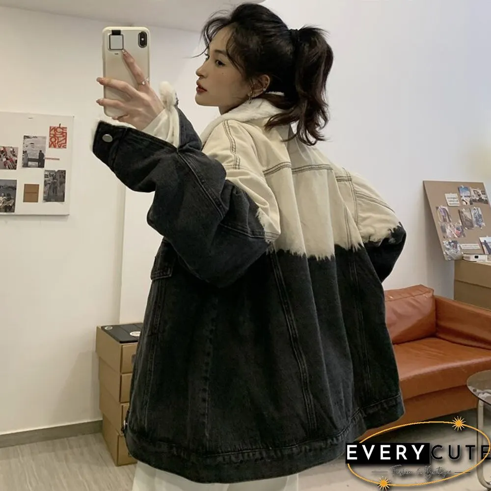 Gradient Thicken Denim Jacket Women Loose Casual Warm Jean Coats Korean Fashion Street Wear Fur Collar Lady Outwear New