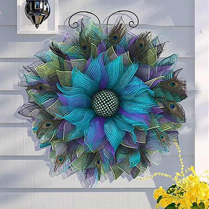 Peacock Pattern Burlap Sunflower Wreath Outdoor Summer Wreaths For Front Door、、sdecorshop