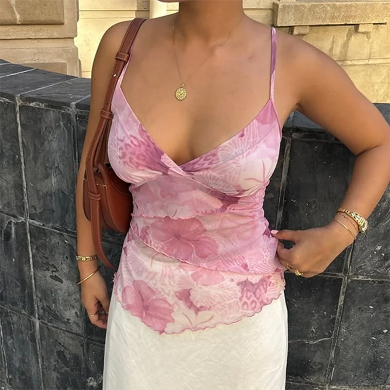 Women Vest Tie Dye Print Camisole Elegant Ladies V Neck Sleeveless Layers  Backless Tank Tops Crop Tops