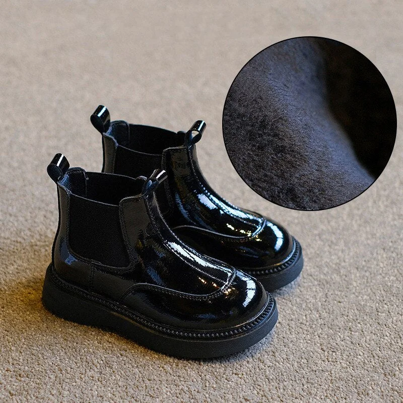  Autumn Kids Patent Black Short Chelsea Boots Children Boys Shoes Brand Soft Thick Sole Platform Black