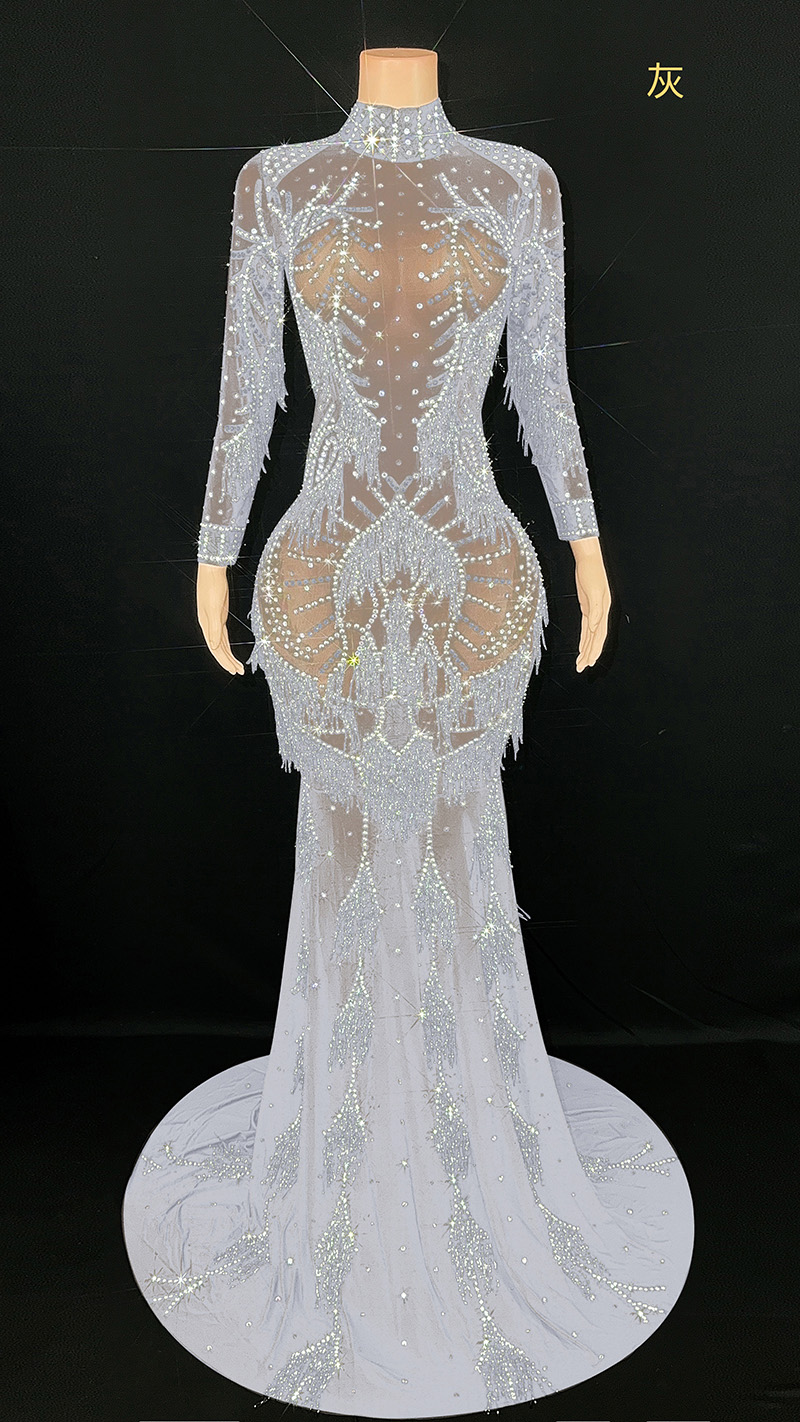 TAAFO Dazzling Diamonds Tassels Blue Dress Beaded Crystal Evening Dresses Dresses Women 