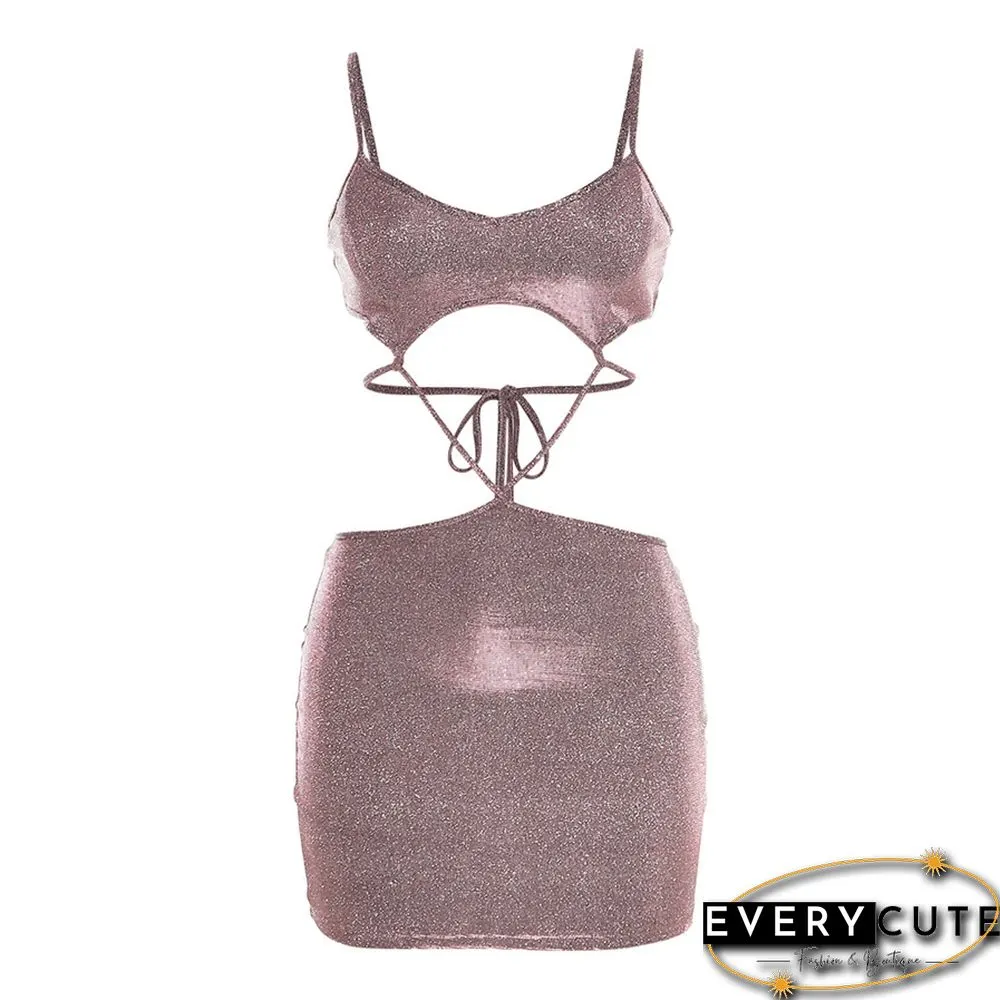 Pink Rhinestones Pleated 2pcs Tube Top and Skirt Set