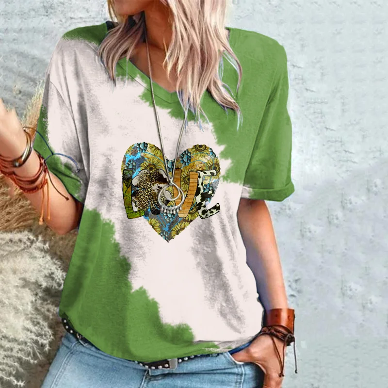Casual Clover Print Colorblock Short Sleeve T-Shirt