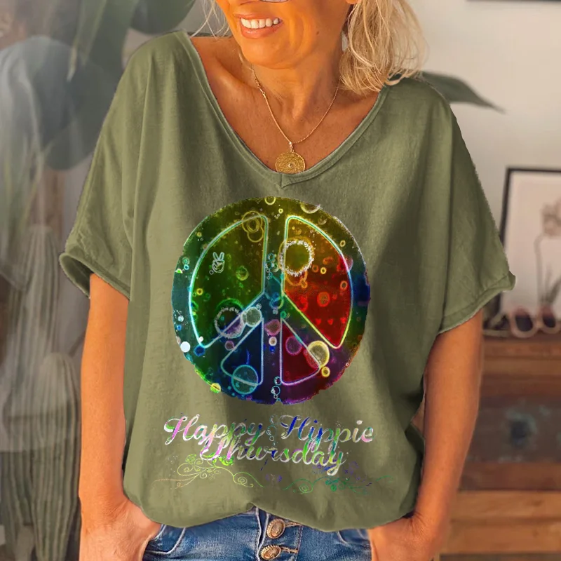 Oversized Happy Hippie Colorful Printed Graphic Tees