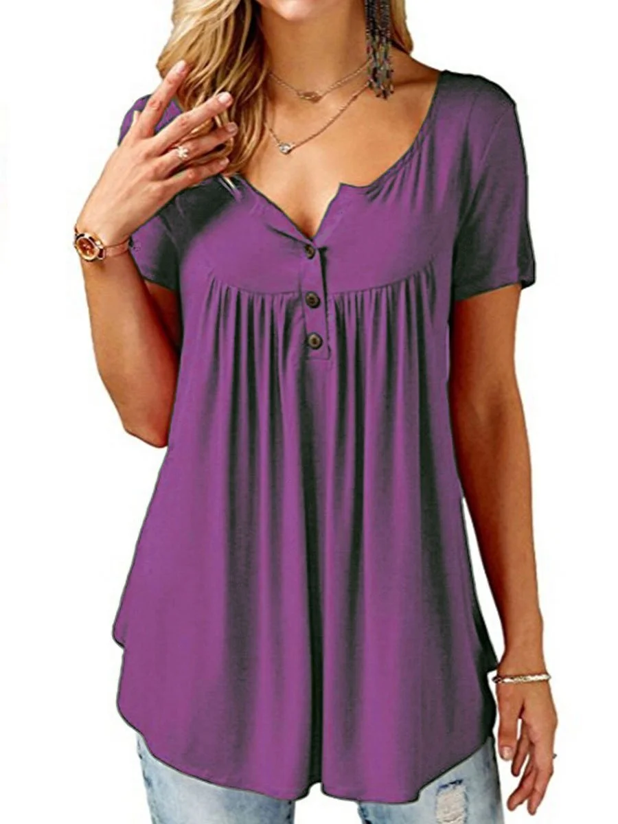 V-Neck  Asymmetric Hem Button Short Sleeve T-Shirts