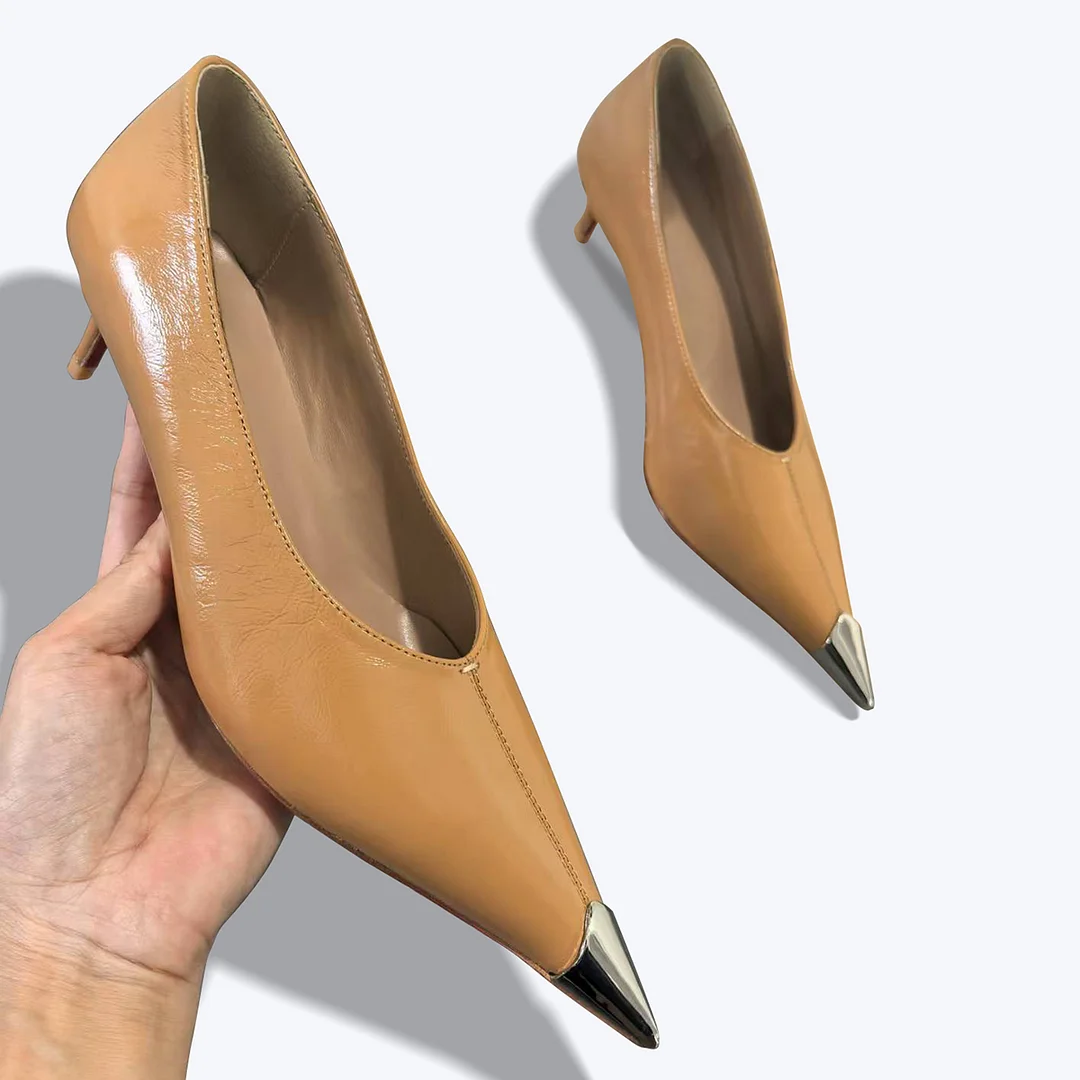 50mm Women's Kitten Heel Metal Pointed Toe High Heels Red Bottom Shoes Genuine Leather -MERUMOTE
