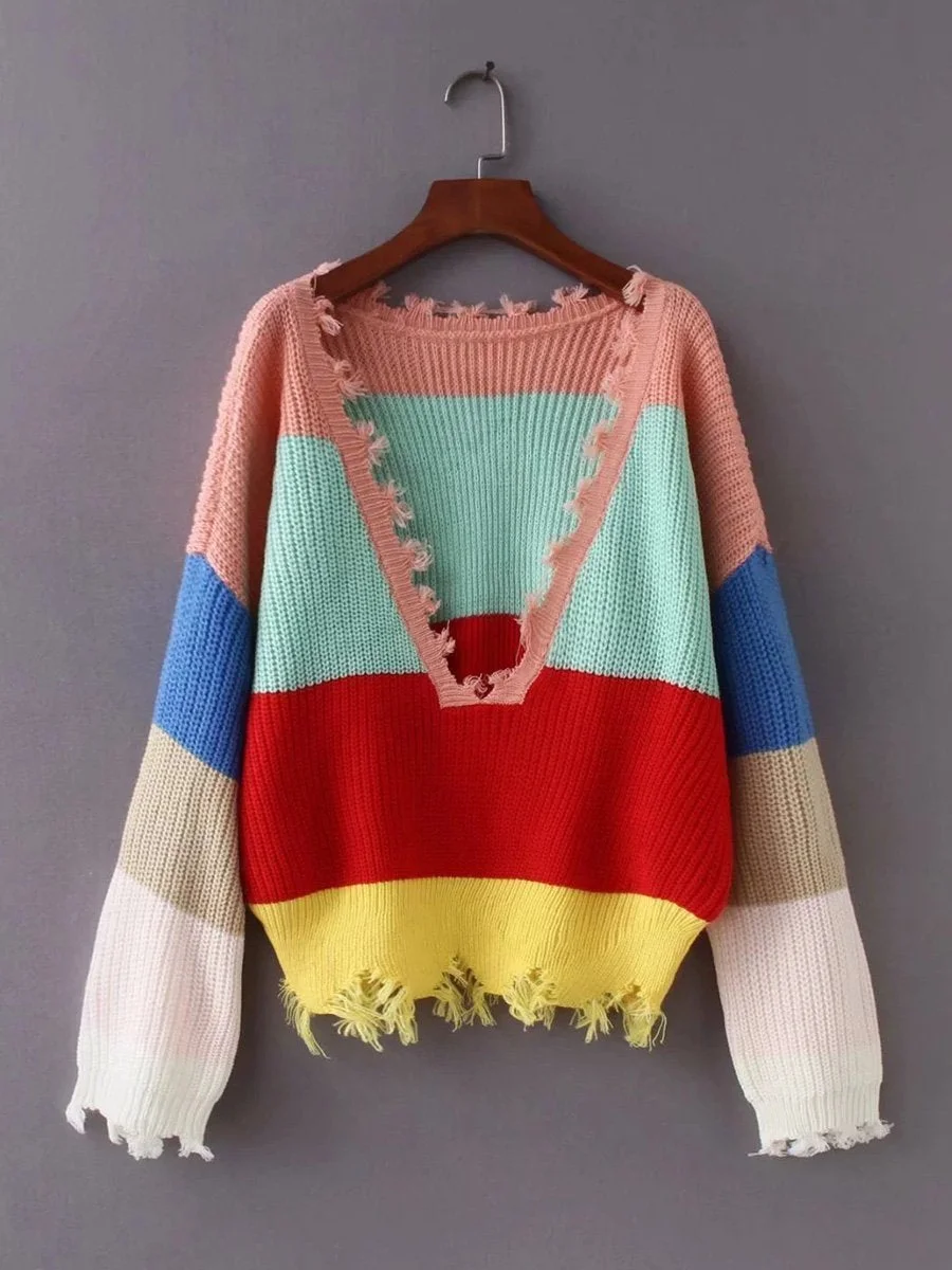 Colorful Irregular Deep V-neck Sweater Can Wear Both Front And Back