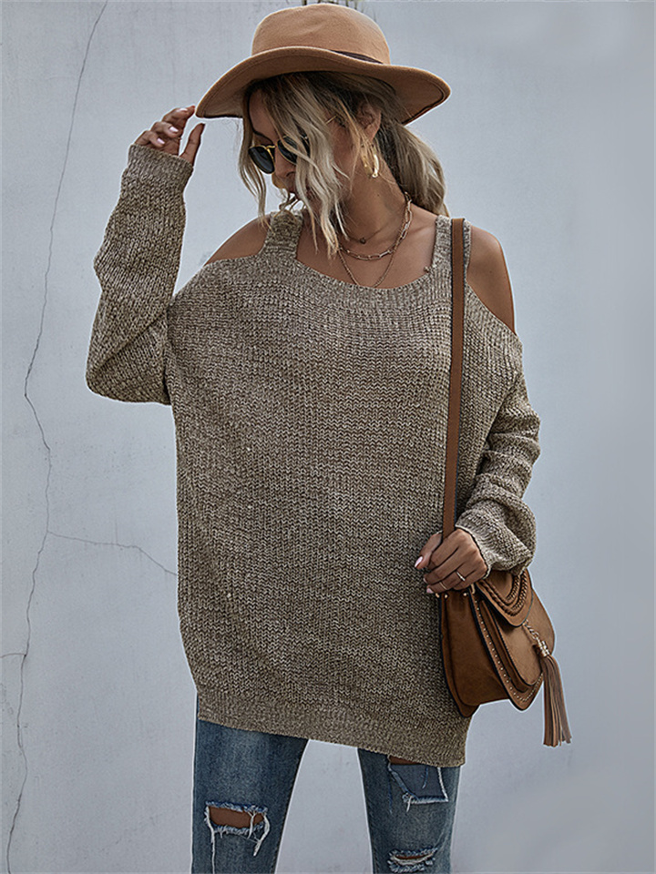 Solid Color Square Neck Off Shoulder Long Sleeve Knitting Sweater