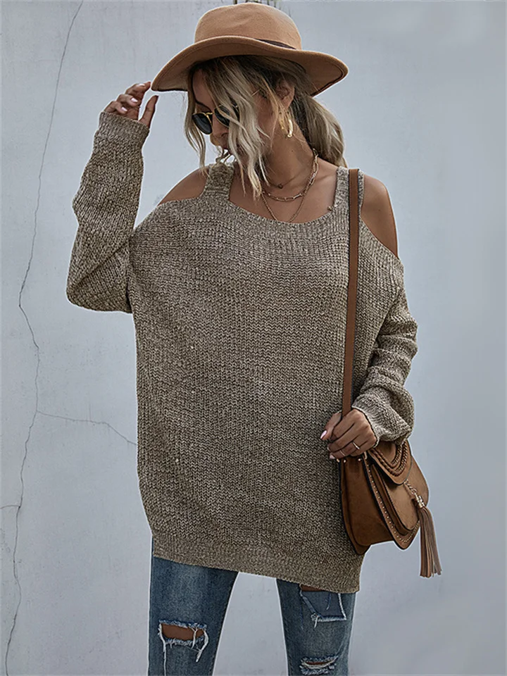 Solid Color Square Neck Off Shoulder Long Sleeve Knitting Sweater-Cosfine