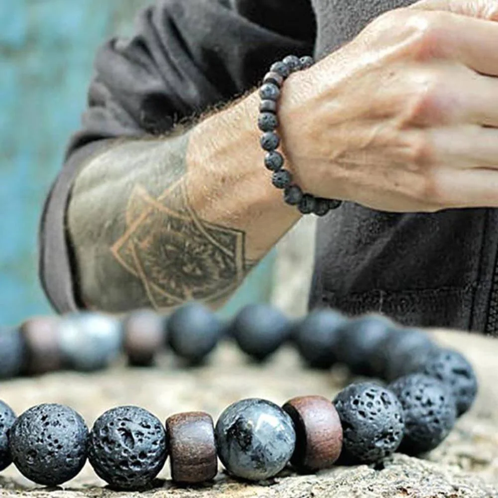 Pack of 2 Black Lava Stone Reiki Yoga Meditation Buddha Beads Diffuser Band  Bracelet For Women-