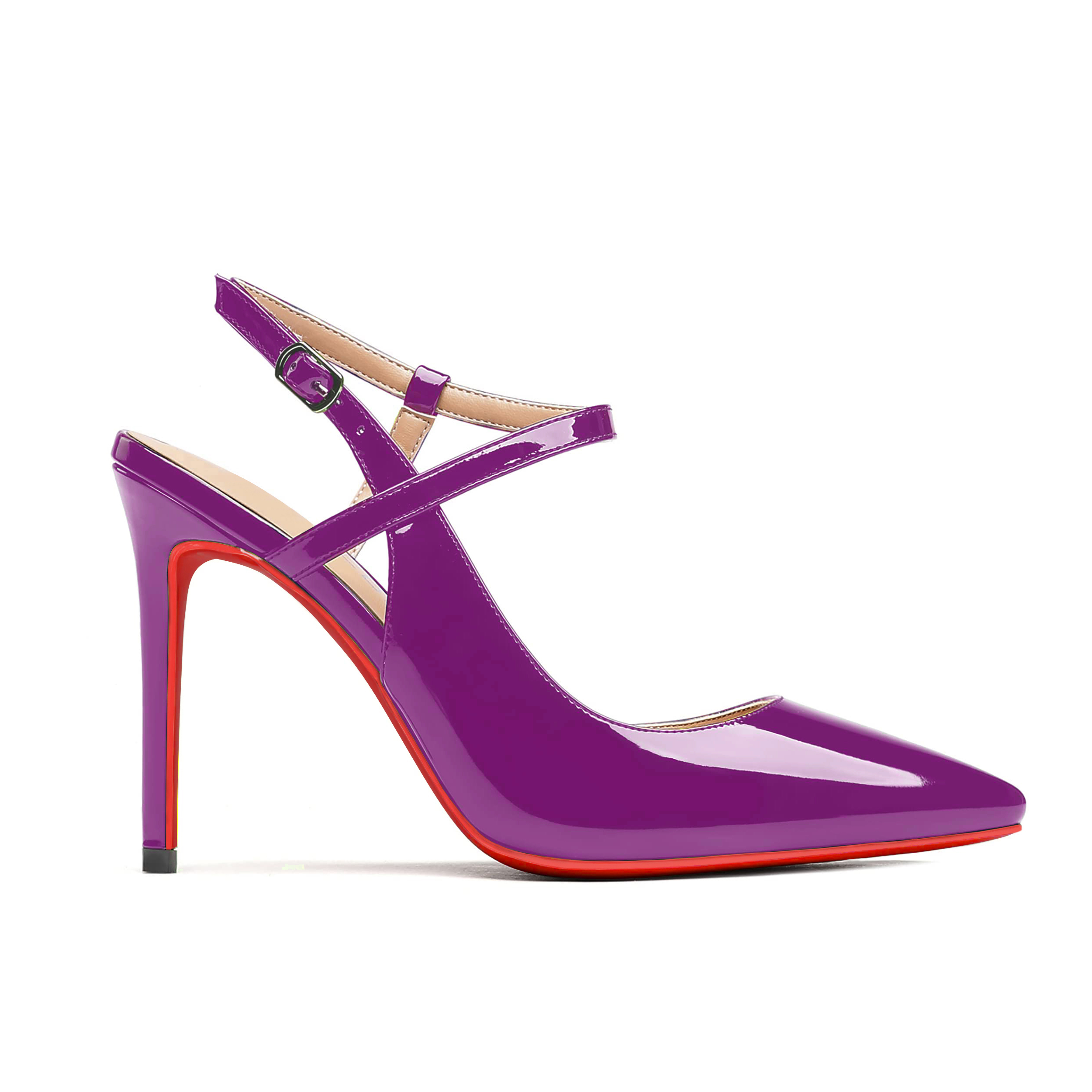 100mm Women Slingback Patent Pumps Ankle Strap Jenlove Stiletto Mid Heel Close Pointed Toe Dress Red Bottoms Shoes