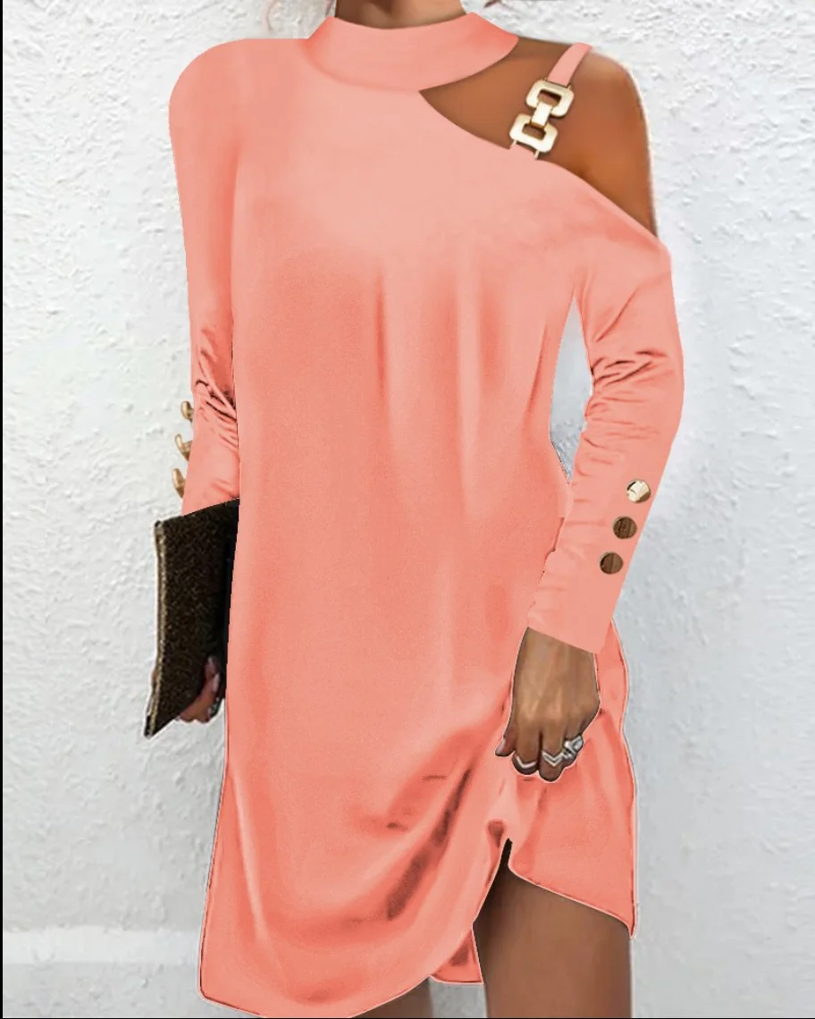 Uveng Uveng Explosion Autumn Simple Metal Buckle Hanging Neck Button Dress Women's Dress