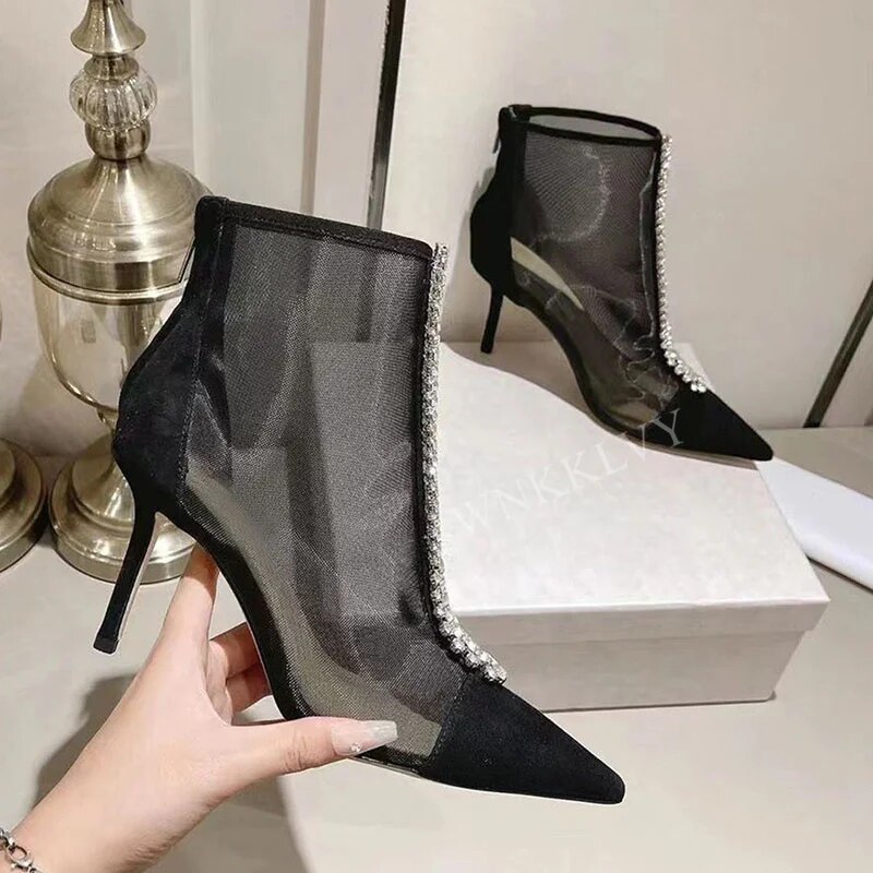 VCshoes Pointed Toe Leisure Ankle Boots Women's Shiny Crystal Back Zipper High Heel Net -yarn Pumps