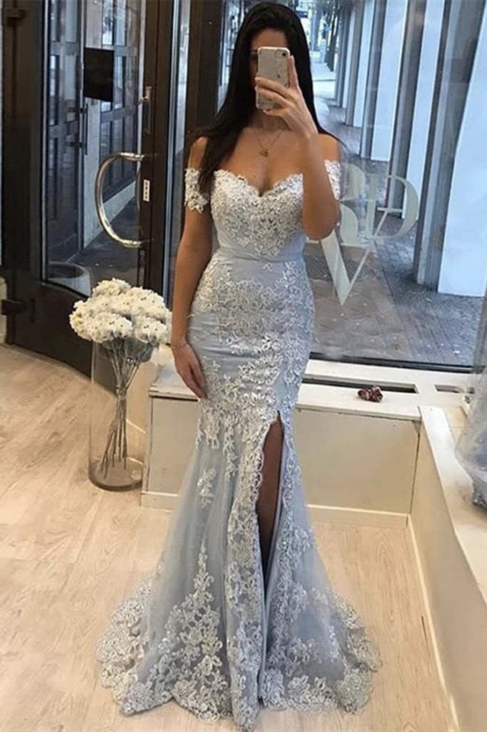 Bellasprom Mermaid Evening Dress Lace Appliques With Split Off-the-Shoulder Bellasprom