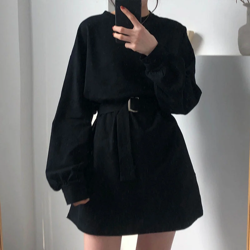 Long Sleeve Dress Women Large Size 4XL Black Harajuku BF Korean Style Sashes Womens All-match Chic Simple Student Streetwear New